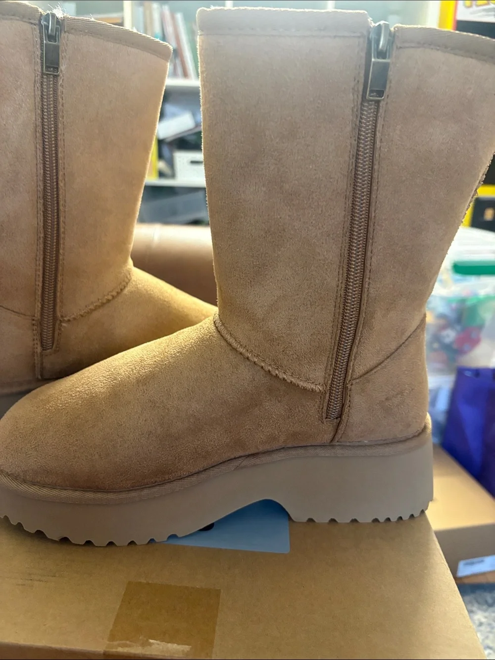 POBOLIN Women’s Suede Platform Winter Boots Tan Size 8 New in Box
